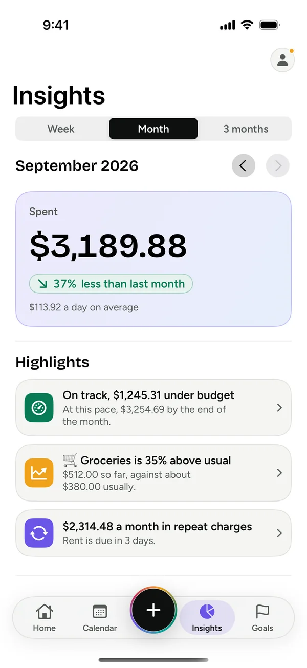 Insights: spending this month and highlights like groceries above usual