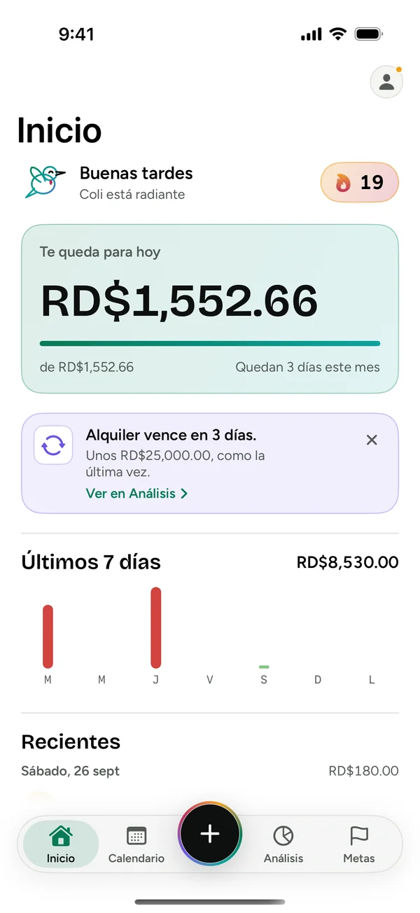 La pantalla de Inicio de Colibrí: lo que te queda para hoy, un pago que viene y los últimos 7 días